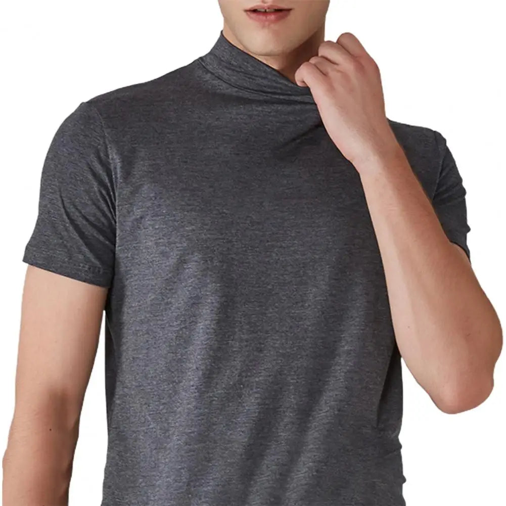 Summer Casual Short Sleeve T-shirt For Men Half High Collar Slim Fit T-shirt Solid Color Elastic Thin Pullover Tee Shirt