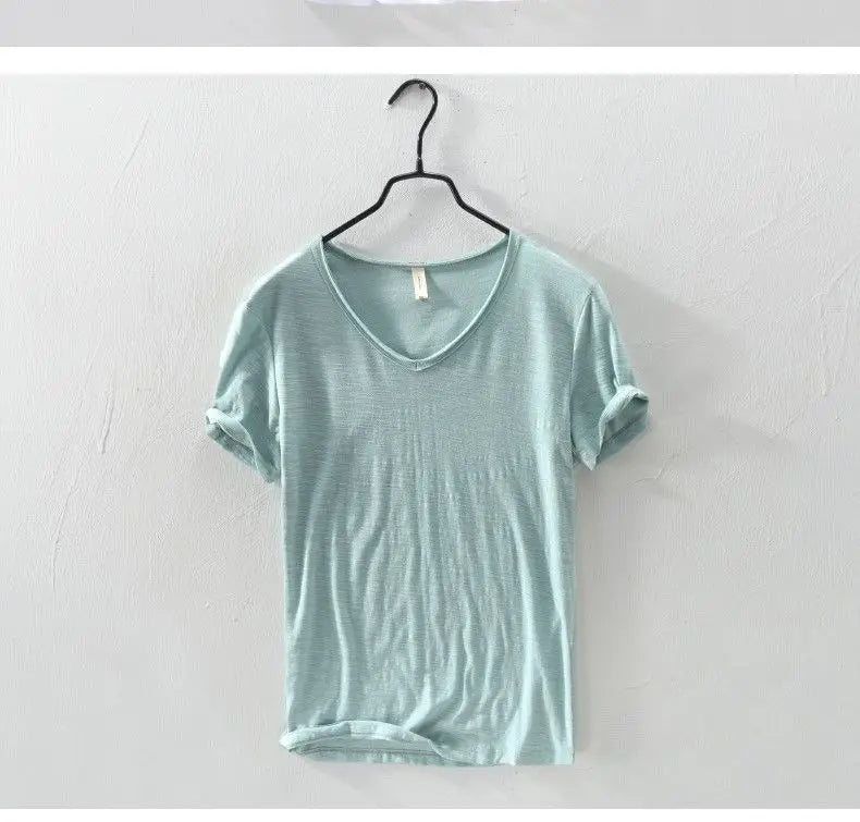 2023 Summer New 100% Cotton White T-shirt Male V-neck Solid Color Casual T Shirt Basic Tees Plus Size 3XL Short Sleeve Tops
