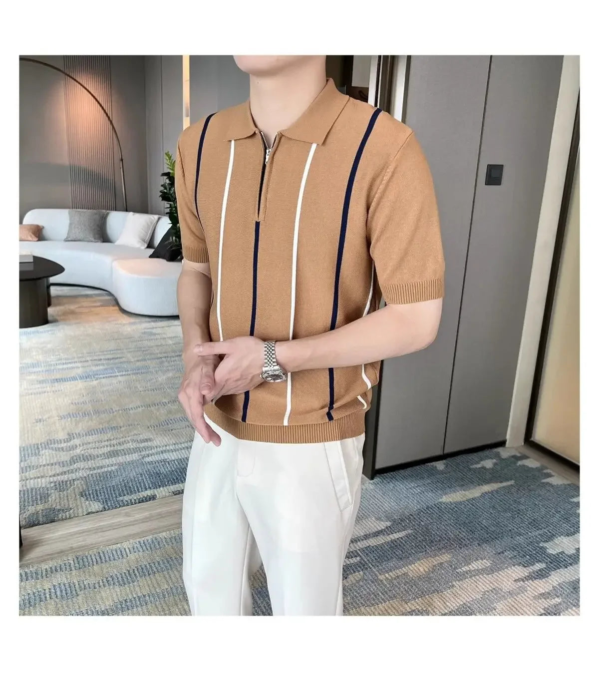 High-end Short-sleeved Men's British Retro Striped Slim Lapel Knitted Contrasting T-shirt 1/2 Pieces