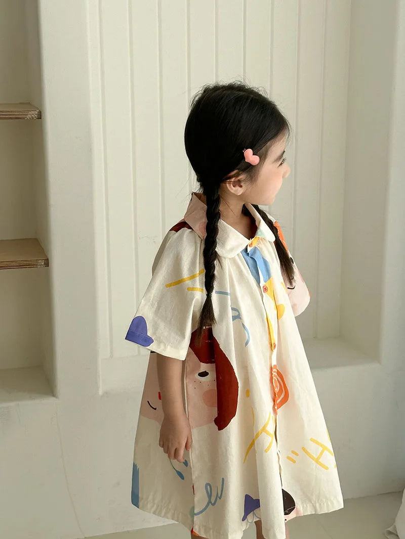 Loose Fit Summer Kids Clothes Set Girls Cute Graffiti Dress Boys Short Sleeved Shirt Children Thin Brother Sisters Outwear Suit
