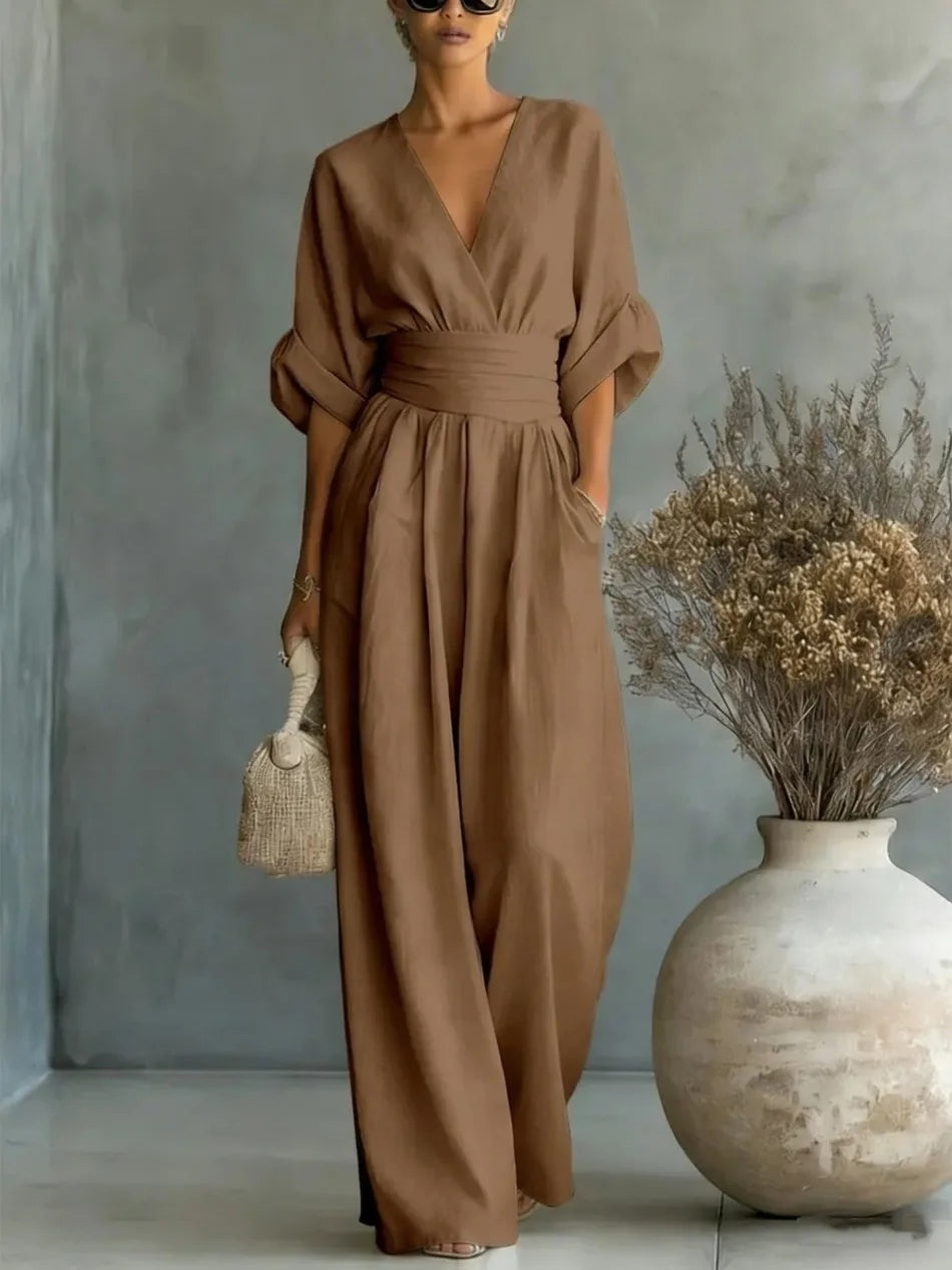 Women's Jumpsuit Fashion High Waist V-neck Casual Jumpsuits Sexy Solid Color Office Wide Leg Trousers Overalls Vacation Outfit