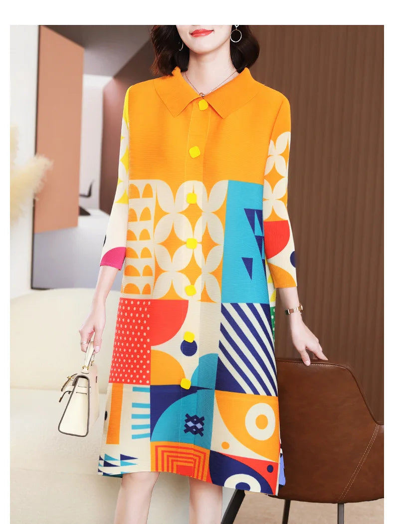 Miyake Pleated Dress Women 2024 Spring New High-End Design Sense Printing Lapel 3/4 Sleeve Single-breasted Fashion Shirt Dresses