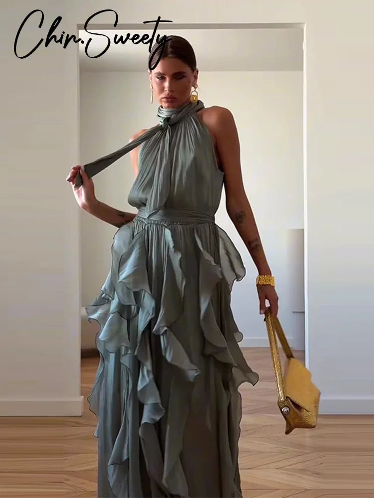 Sexy Cascading Ruffle Pleated Women Long Dress Fashion Lace Up Sleeveless Empire Female Dresses 2026 Spring Summer Lady Robe New