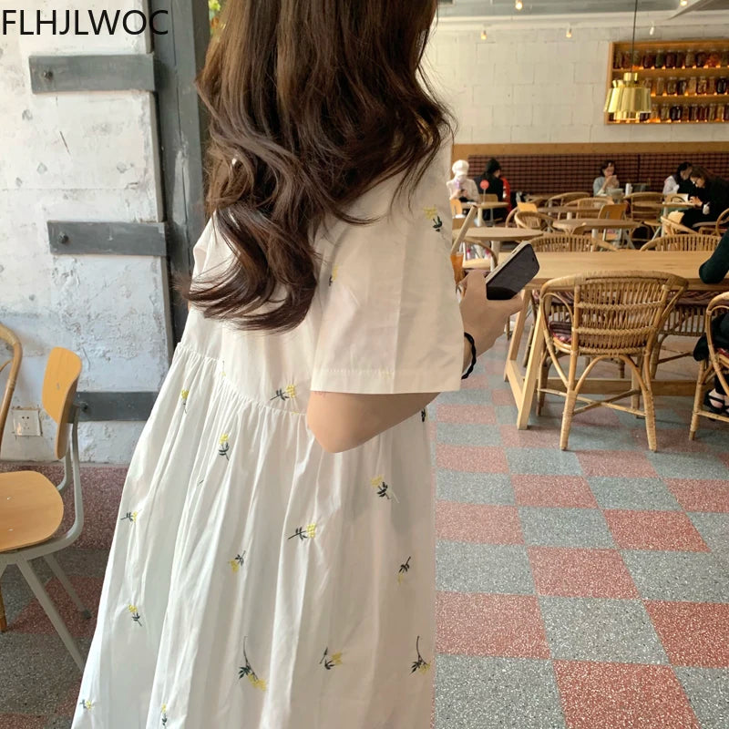 Loose Summer Cute Sweet Japanese Style Girls Flower Embroidery Retro Vintage Single Breasted Button Cotton Blends Shirt Dress