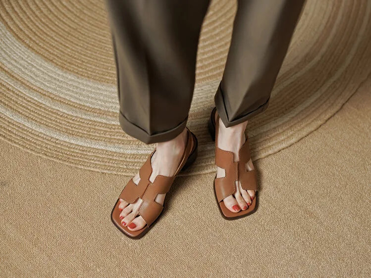 2025 Summer Women Shoes Square Toe Chunky Heel Women Sandals High Heels Ladies Shoes Casual Leather Shoes Women Genuine Leather