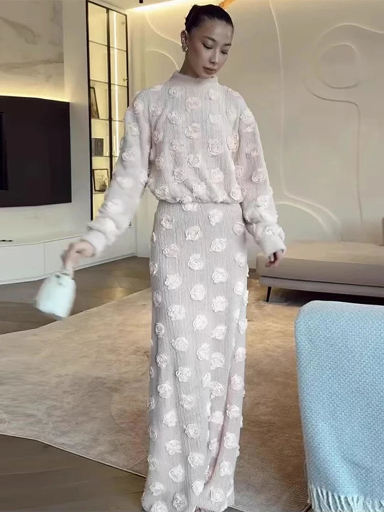 Knitting 3D Flower Tops Long Skirts Sets Women Elegant Lantern Sleeve Top Suit With Hip Package Skirt Lady 2025 Spring Outfits