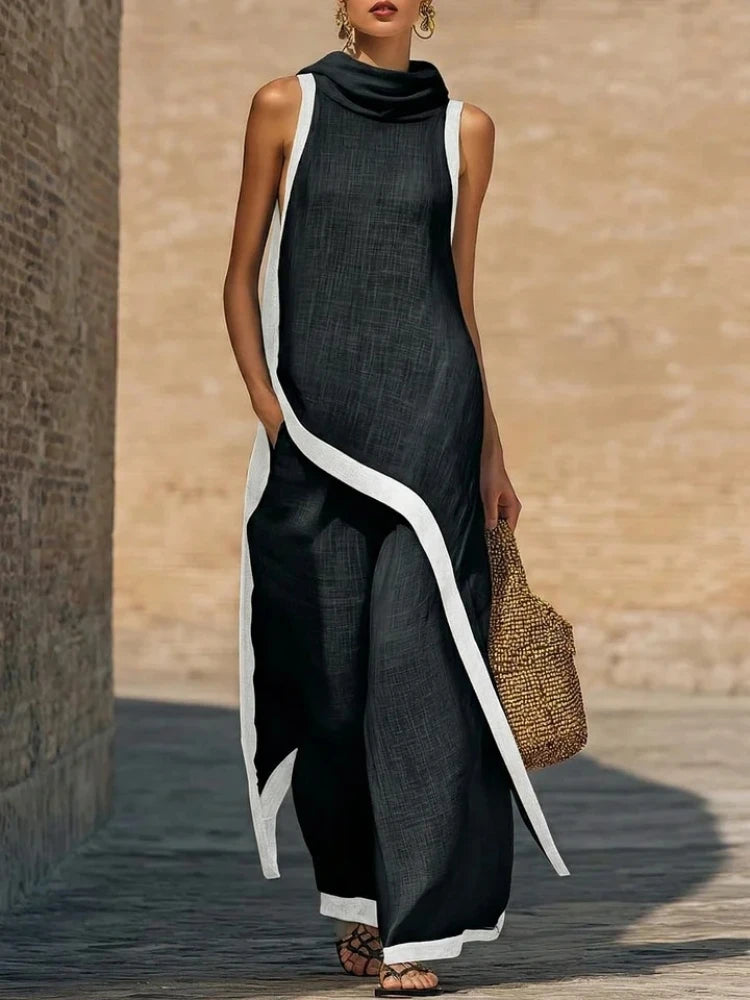 Women's Two-piece Sleeveless Contrasting Color Wide-leg Trousers 2026 Summer Casual Fashion Solid Color Irregular Suit For Women