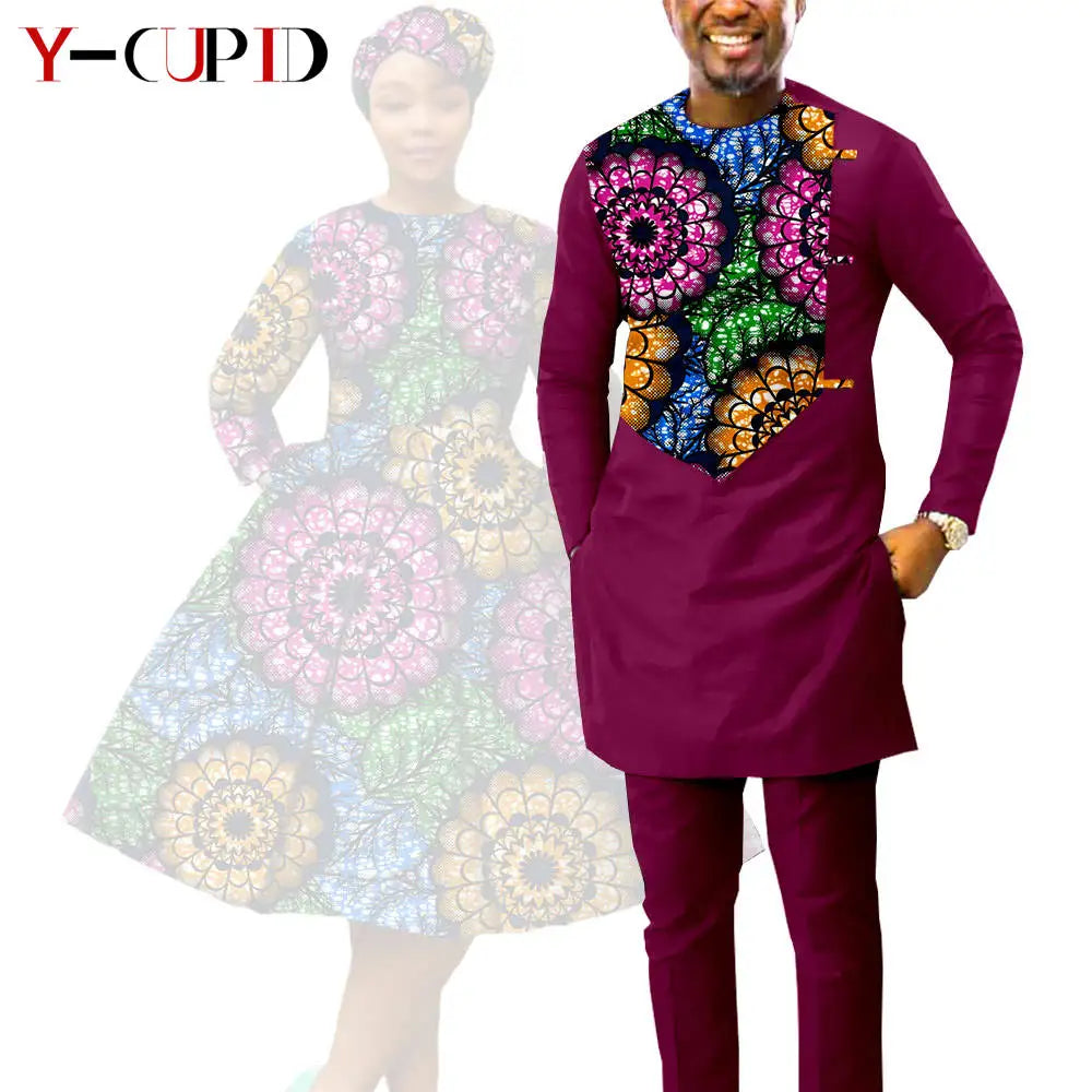 African Print Dresses for Women with Headwrap Matching Couple Outfits Dashiki Men Long Sleeve Pathwork Top and Pant Sets Y23C004