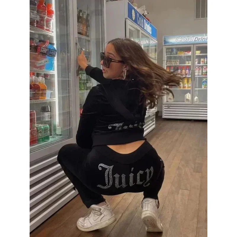 Two Piece Set Diamonds Hoodie Crop Jacket And Joggers Pants Outfits Streetwear Jogging Suits Juicy Corture Tracks