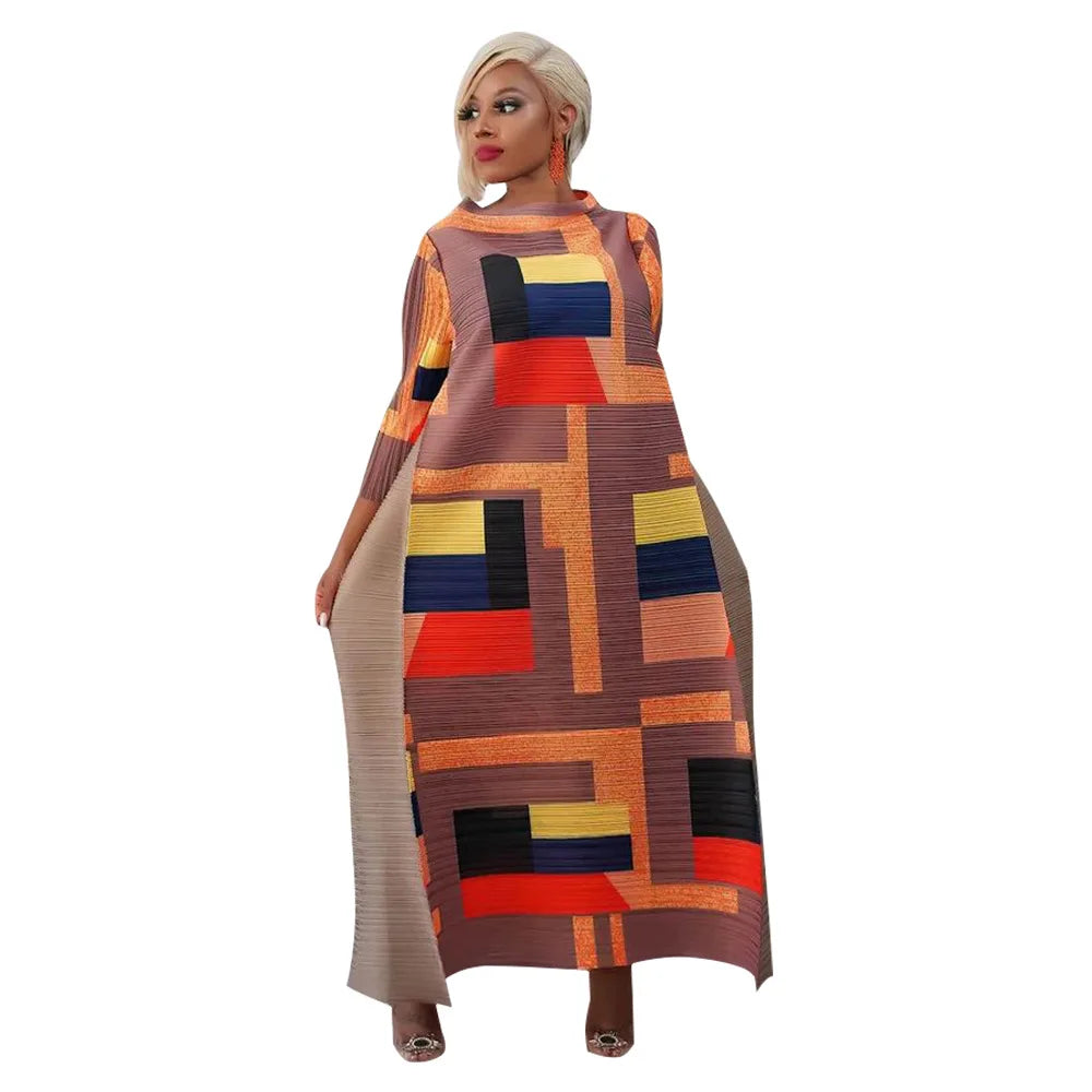 African Dresses for Women Summer Fashion Style African 3/4 Sleeve Polyester O-neck Pleated Dress Dashiki African Clothes Women