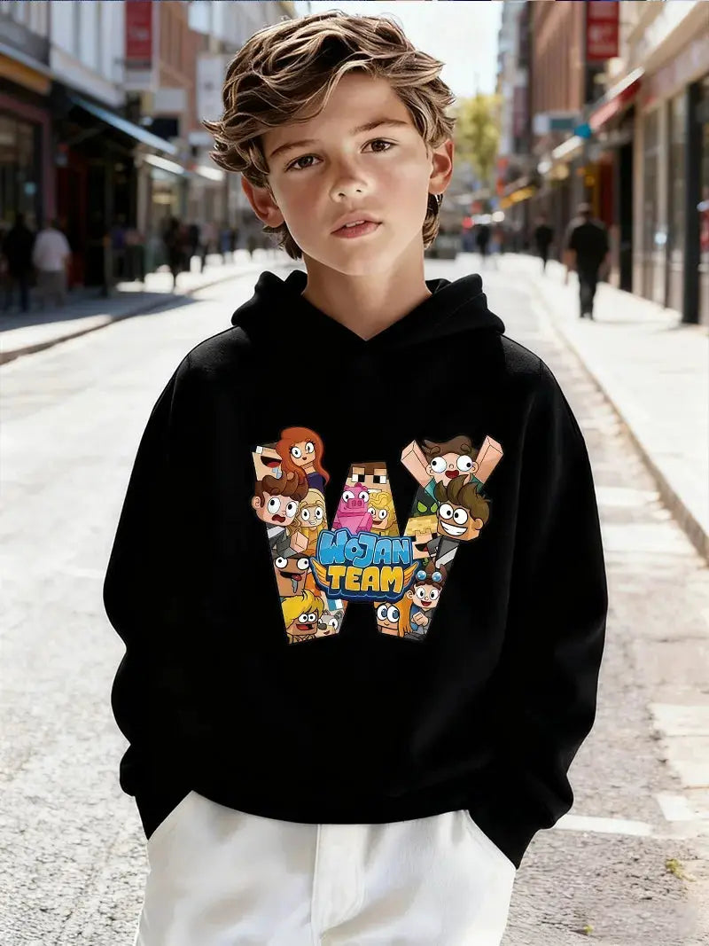 2026Kids'Wojan team character pattern children's hooded sweatshirt, suitable for daily wear in autumn and winter BAZAARHUBO