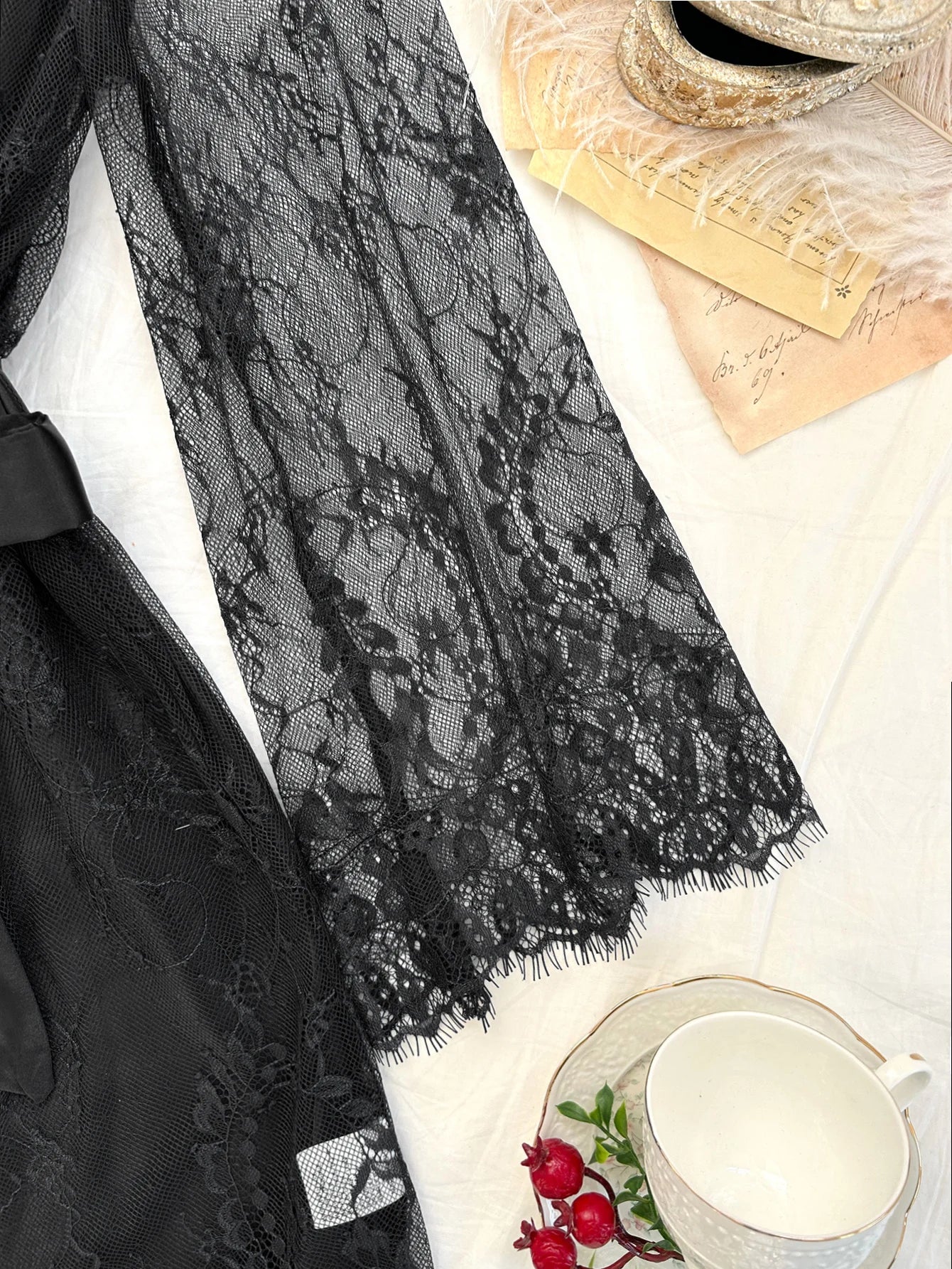 Women's 2 Piece Lace Pajamas Set Sheer Lace Robe with Belt and Crisscross Back Cami Slip Dress Sexy Nightgown Loungewear