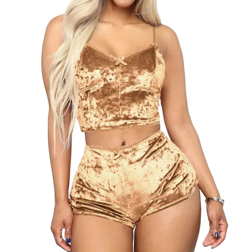 Women Sexy Pajama Set Solid Color V-neck Sleeveless Sexy Underwear Woman Solid Comfortable 2 Piece Lingerie Sleepwear Fashion