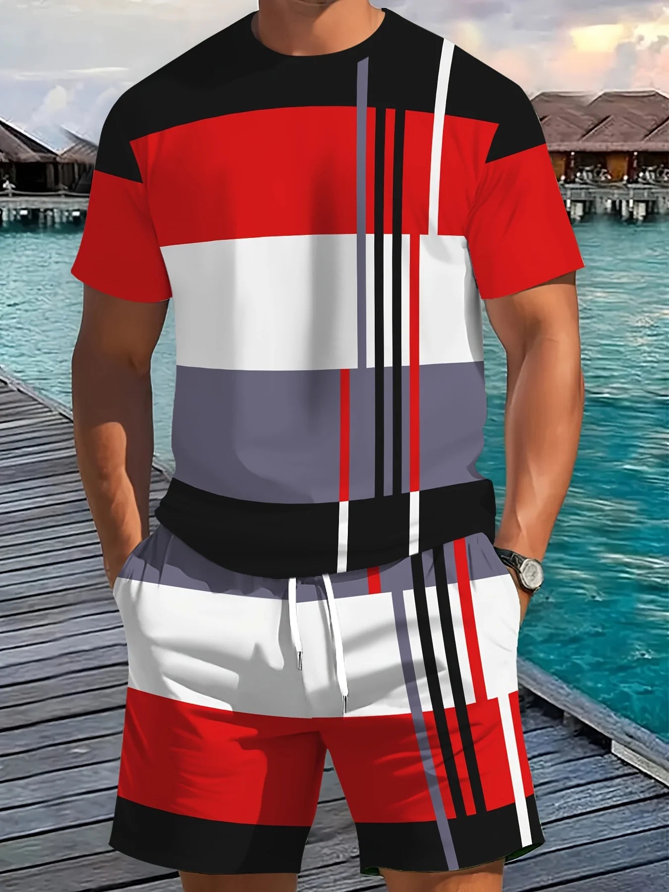 New Summer Men's Sportswear Striped Short-Sleeve T-Shirt Set Two-Piece Outdoor Travel Apparel Relaxed-Fit Shorts Training Wear