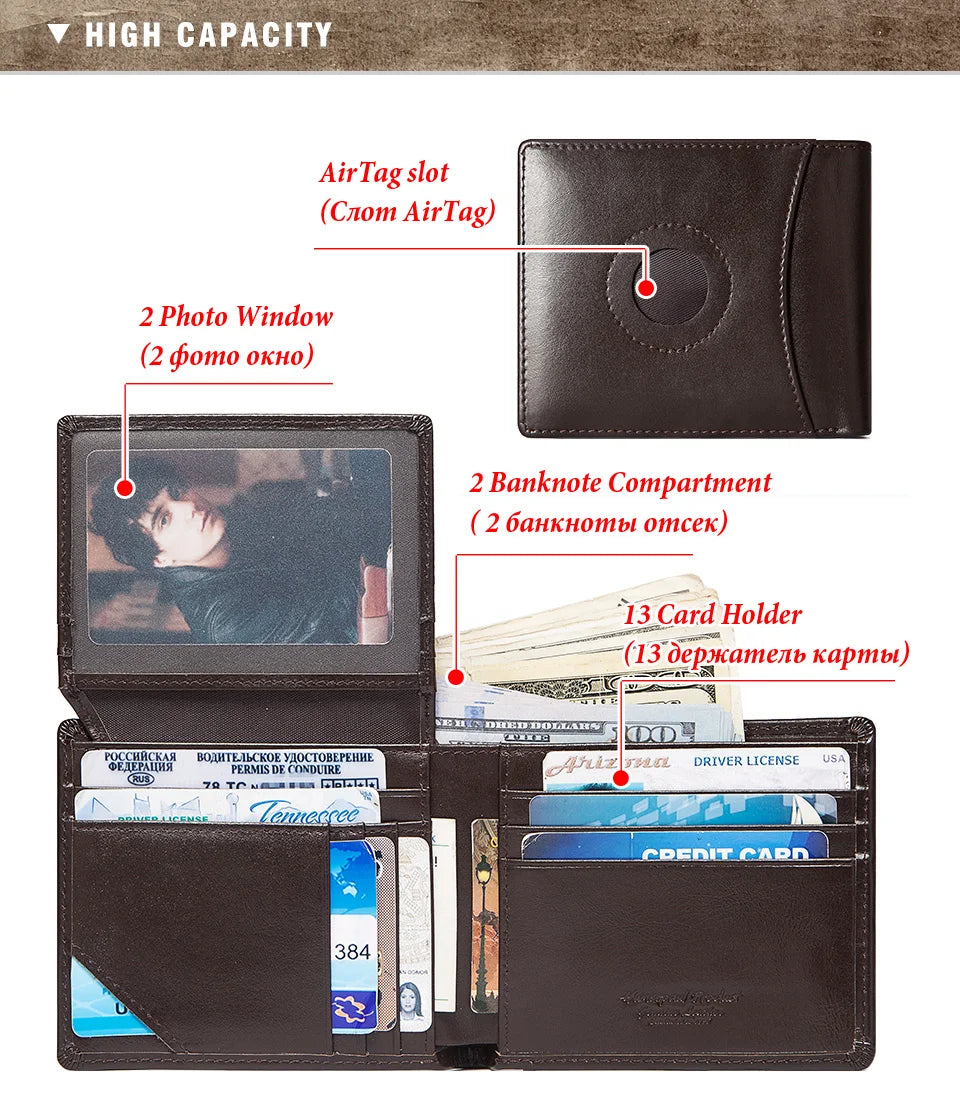 HUMERPAUL Airtag Wallet For Men Real Leather RFID Trifold Card Holder Case with ID Window Slim Anti-lost Purse