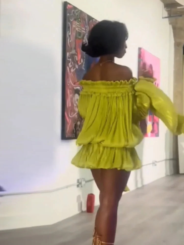 Women's Y2k Off Shoulder Pleated Mini Dress Elegant Lime Green Flare Long Sleeve Ruffle Hem Bubble Vestidos Date Party Dresses