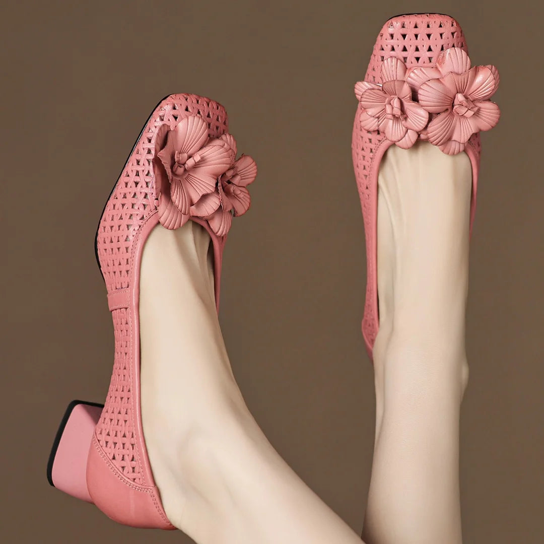 Plus size 41 women's hollow-out sheepskin square toe slip-on pumps 4cm thick med heel elegant ladies flower summer heels sandals