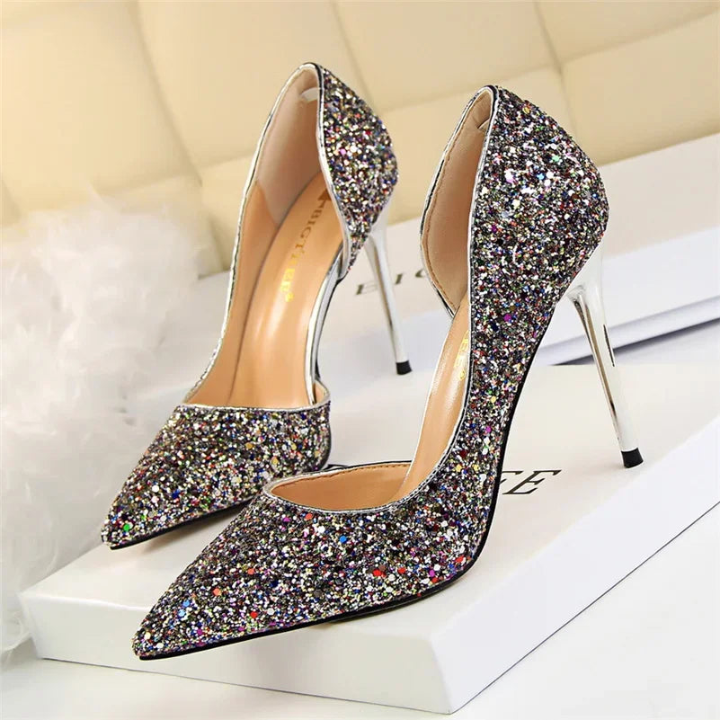 Plus Size 34-43 Women 9.5cm High Heels Stripper  Bling Glod Red Silver Scarpins Pumps Lady Stiletto Wedding Bridal Fetish Shoes