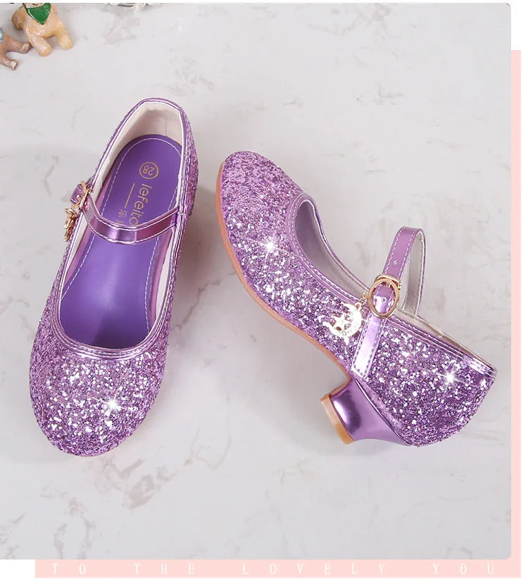 Classic Children High Heels Leather Shoes Fashion Sequins Elegant Kids Girls Wedding Shoes Princess Party Dress Single Shoes
