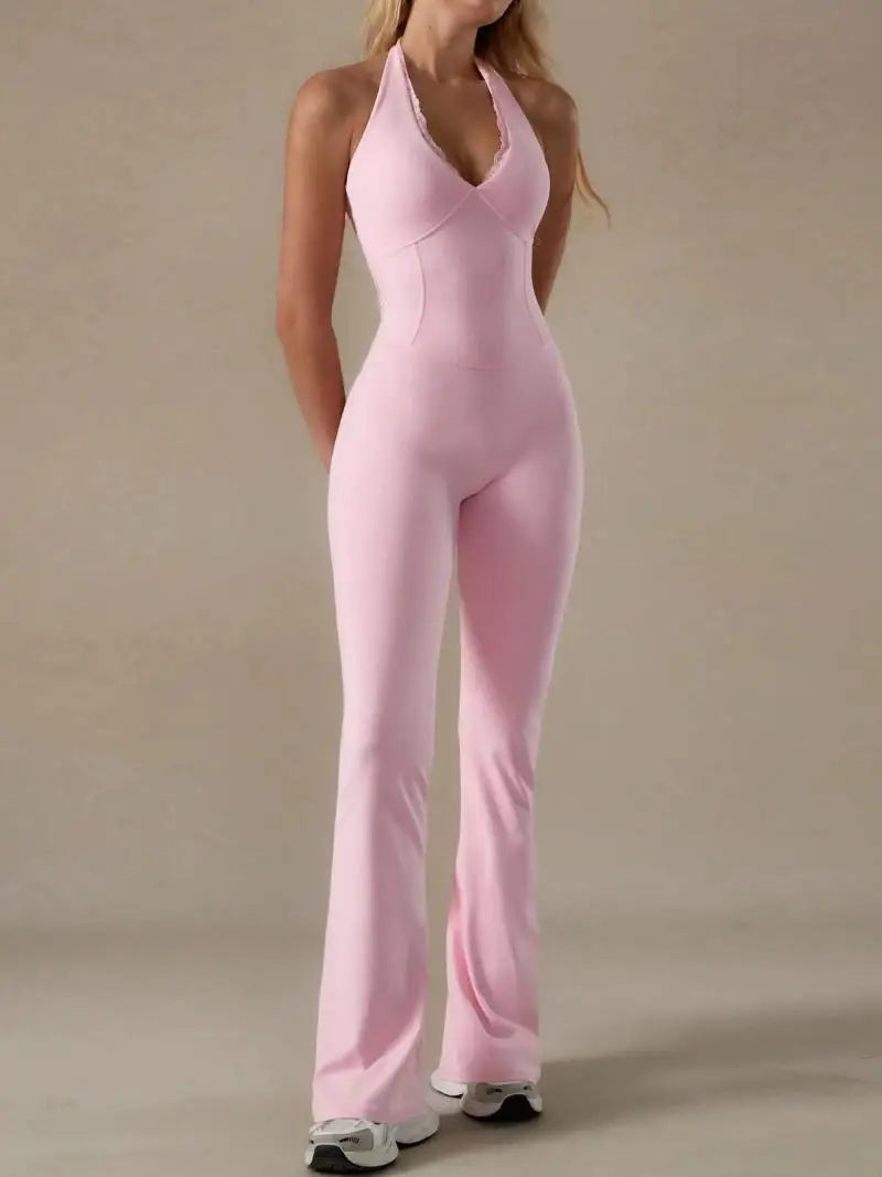 2025 new women's dress features a sweet and spicy style with a sexy halter neck, lace trim, sleeveless backless V-neck jumpsuit