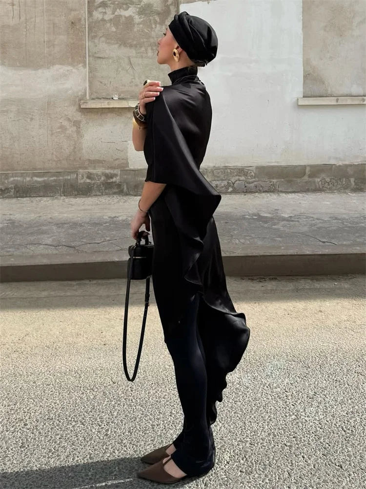 Tossy Casual Sleeveless Satin Maxi Dress Female Turtleneck Patchwork Slim Fashion Solid Commute Dress For Women Long Dress 2025