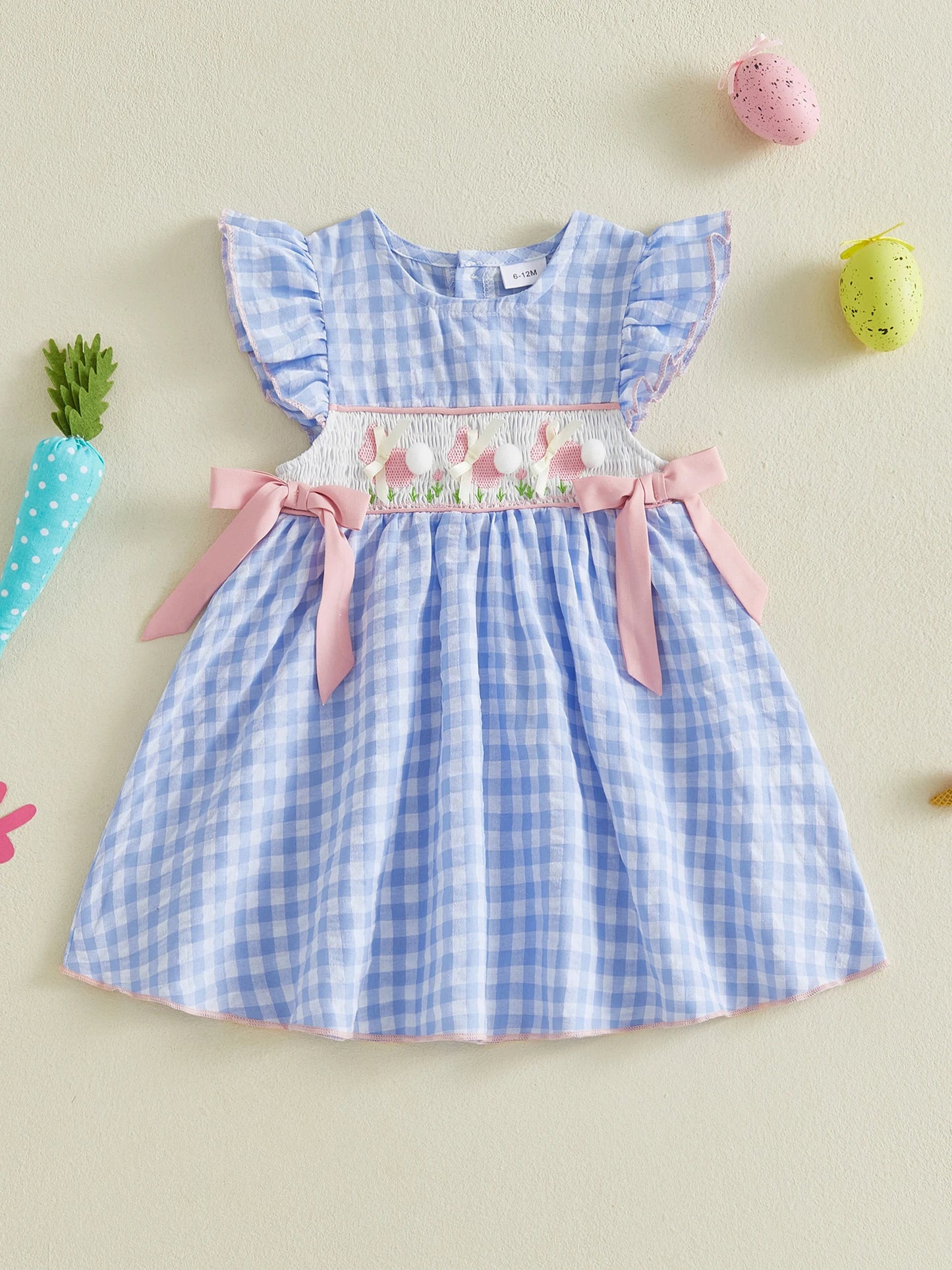 Toddler Baby Girl Easter Dress Flying Sleeve Crew Neck Rabbit Embroidery Plaid Print Bow Decor A Line Dress