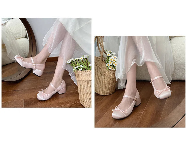 Spring Autumn Thick Heel Pink Shoes Elegant Bow Lolita College Girls High Heels  Women Sandals zapatos de mujer mary jane shoes