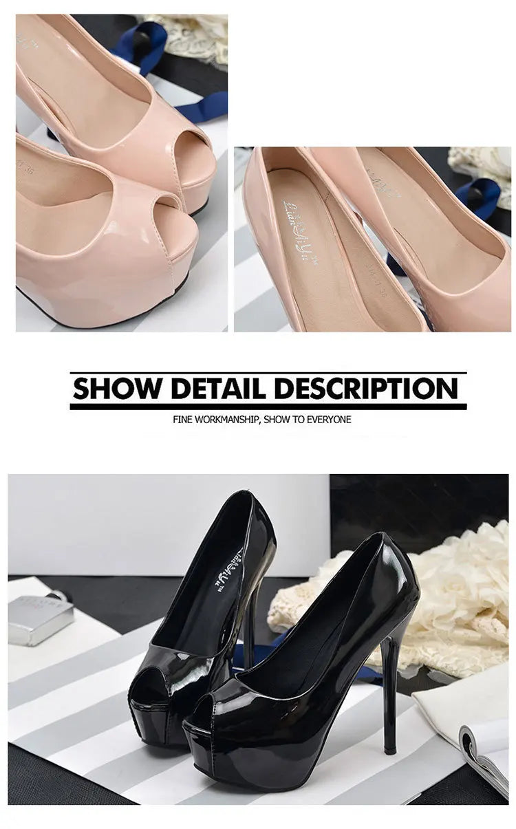 Women Pumps Sexy Platform Peep Toe Shoes 14cm Thin High Heels Stiletto Patent Leather Fashion Party Nighclub Wedding Dress Shoes