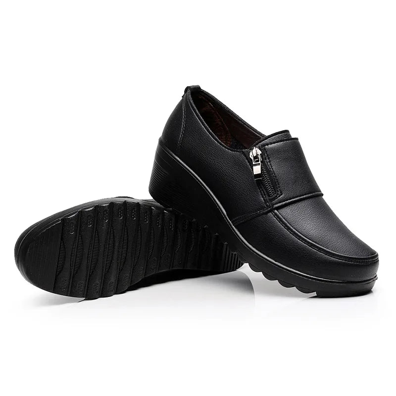 Women's Shoes Zip Womens Wedge Shoes Black Soft Sole Moms Shoes Non Slip Durable Women High Heels Comfortable Zapatos De Mujer