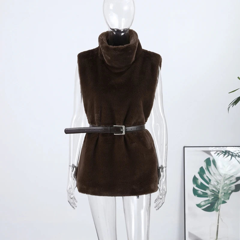 Luxury Faux Fur Hooded Pullovers Women's Loose Full Sleeve Stand Collar Pocket Coats 2025 New Autumn Winter Ladies Solid Outwear