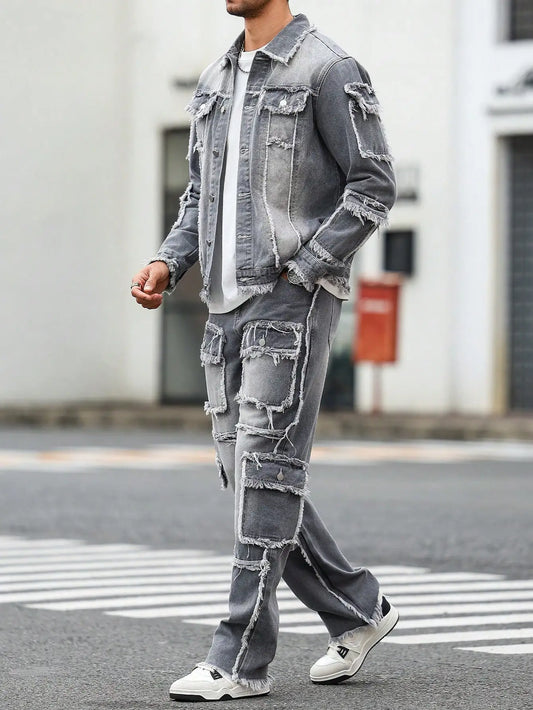 Men's Street Style Casual Distressed Raw-Hem Grey Denim Set, a Minimalist and Fashionable Two-Piece Ensemble.