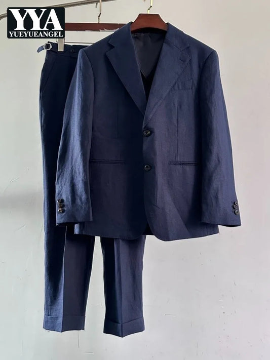 Male Business Leisure Pure Linen Blazers Pant Two-piece Set Retro Breathable Suits Set Slim Single Breasted Suit Jacket Outfits
