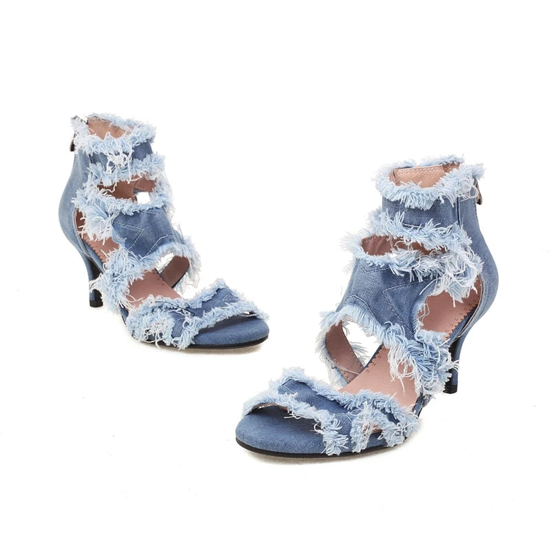 Women's New Summer Europe and America Open Toe Lace Edge Denim High Heel Large Bag Heel Zipper Roman Sandals 44 45 46