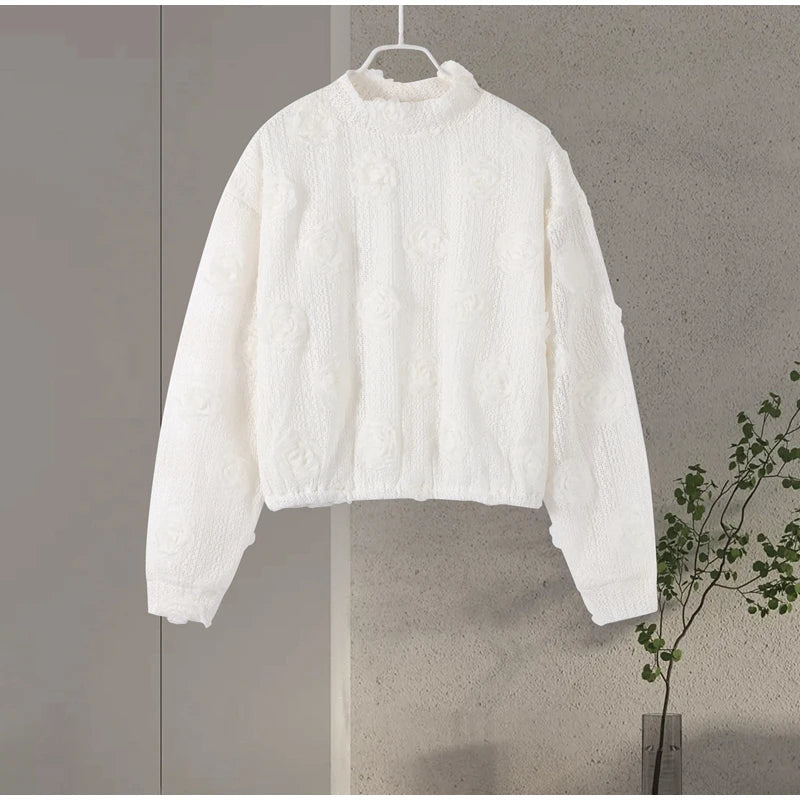 Knitting 3D Flower Tops Long Skirts Sets Women Elegant Lantern Sleeve Top Suit With Hip Package Skirt Lady 2025 Spring Outfits