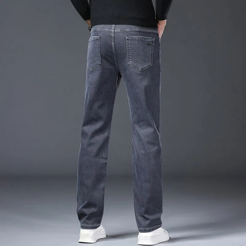 Gray Jeans Men's Fashion Spring Autumn Casual Elastic Trousers Classic Straight Business Work Vintage Washed Denim Pants