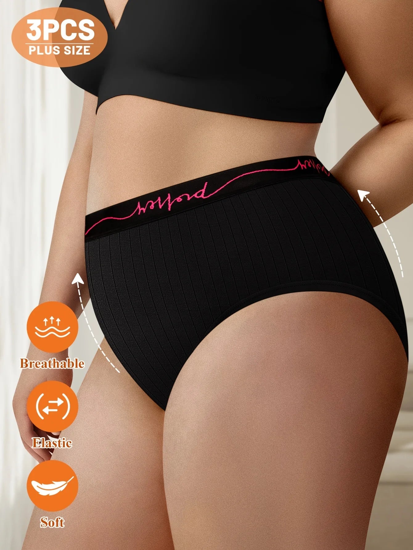 3pcs MIOTAN Plus Size Women's Mid-Rise Panties, Soft Breathable Polyester Blend with Elastane, Elegant Vertical Stripe and Lette