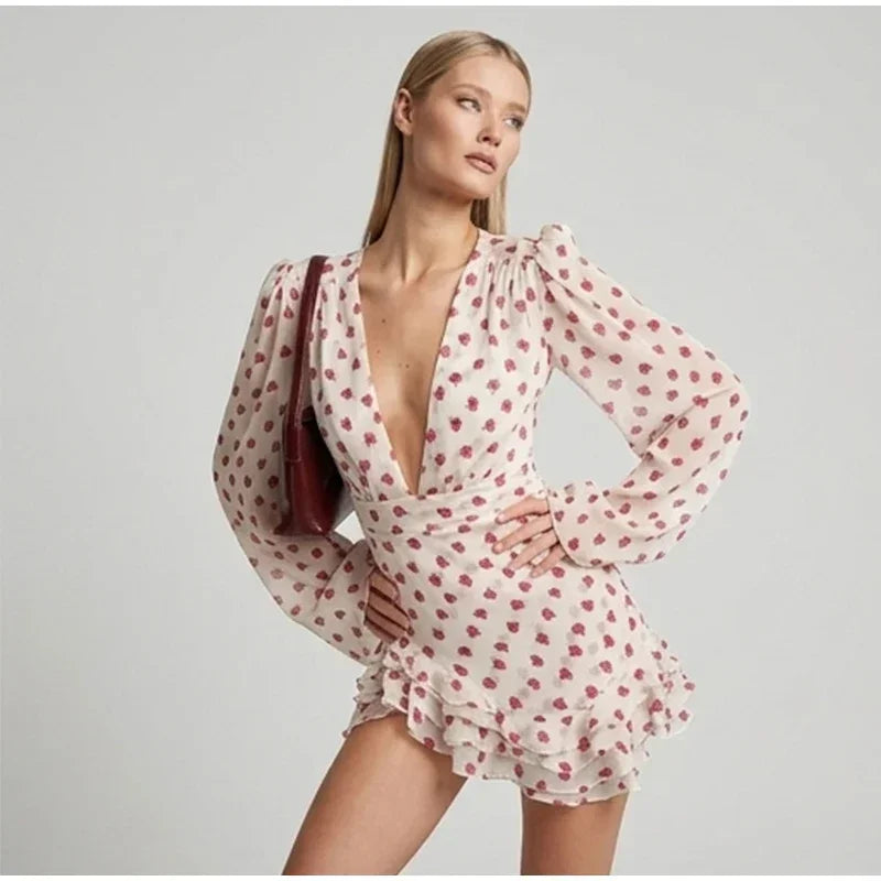 Women Elegant Printed Short Dress Chic V-neck Short Sleeve A-line Bodycon Mini Dresses 2026 Lady New Summer Vacation Street Robe