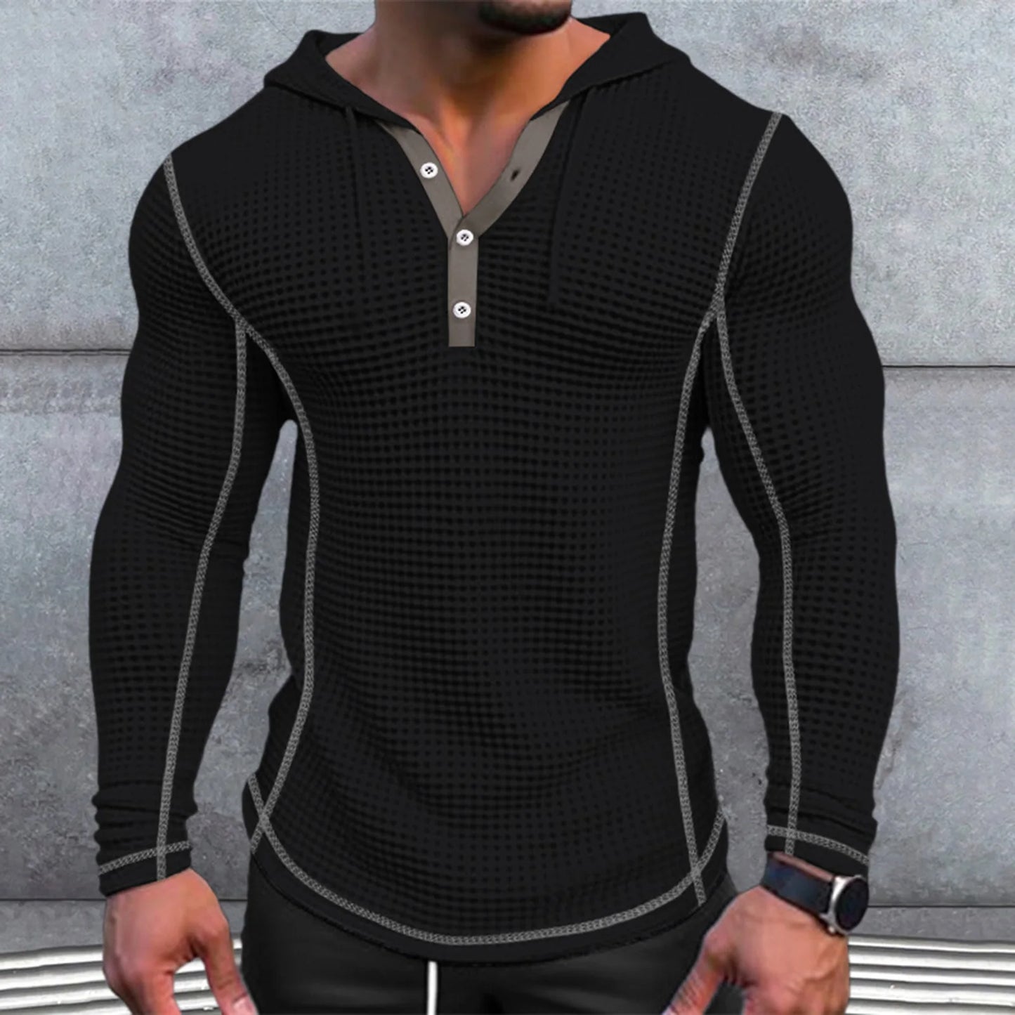 Spring Solid Color Slim Fit Long Sleeved T-shirt, Men's Hooded Breathable Sports Top, Waffle Cotton Casual Long Sleeved Shirt
