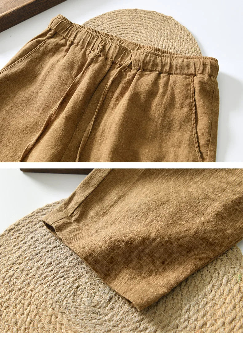 Summer New Casual Linen Ankle-length Pants for Men Clothing Simple Drawstring Thin Streetwear Oversize BL8226
