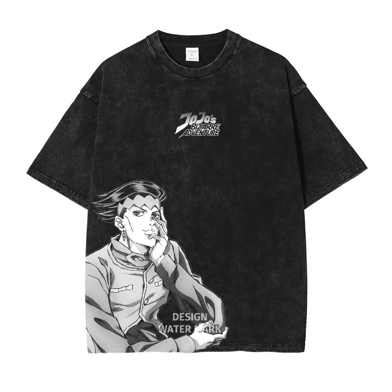 Anime JoJo's Bizarre Adventure Jonathan Joestar Gyro Print Tee Men Vintage Washed Tshirts Manga Cotton T-shirt Harajuku T Shirt