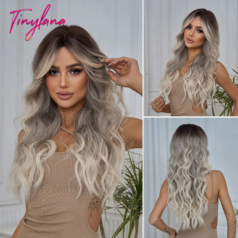 Long Wavy Silver Ash Ombre Cosplay Synthetic Wigs Natural Curly Gray Black Hair Wig with Bangs for Women Afro Heat Resistant