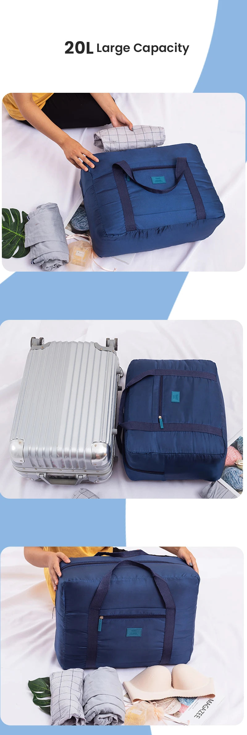 Lightweight Foldable Travel Duffel Bag Unisex Tote Carry-On Luggage for Weekenders Overnight Stays Trips Suitcase Organiser Bags