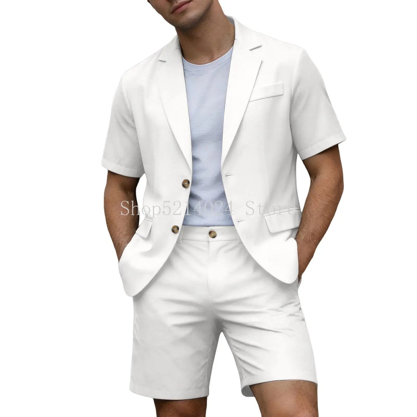 Suits for Men Short Sleeve Blazer Jacket Shorts Set Lightweight Wedding Party Business Casual Formal Outfits