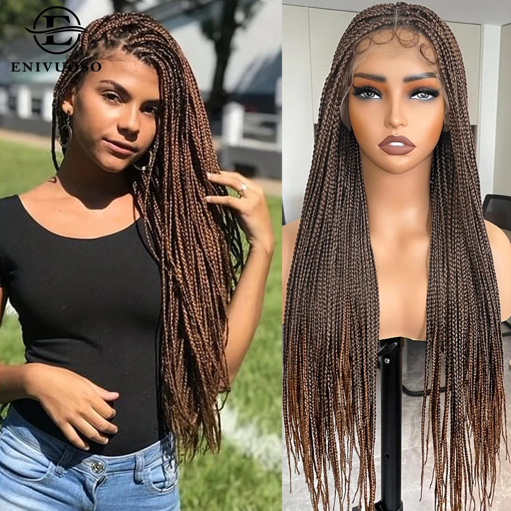 Small Square Knotless Box Braided Synthetic Wig 1BT30 Brown 30 Inch Full Double Lace Front Braided Wigs with Baby Hair For Women