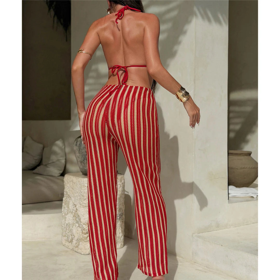With Pants Striped Halter Bikini Female Swimsuit Women Swimwear Three-pieces Bikini set Brazilian Bather Bathing Suit Swim