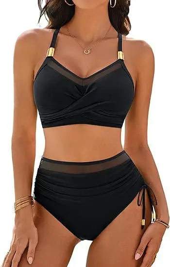 Sexy Two Piece Swimwear Womens High Wasited Bikini Sets Tummy Control Swimsuits Metal Slimming Bathing Suit Modest Beach Outfits