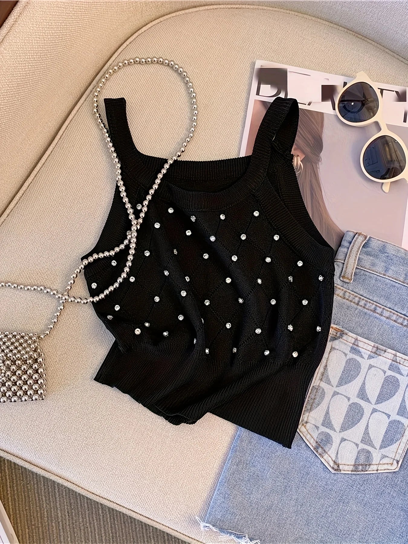 Solid Rhinestone Eyelet Spaghetti Top Casual Crew Neck Sleeveless Knitted Cami Top For Spring Summer Women's Clothing Crop Top