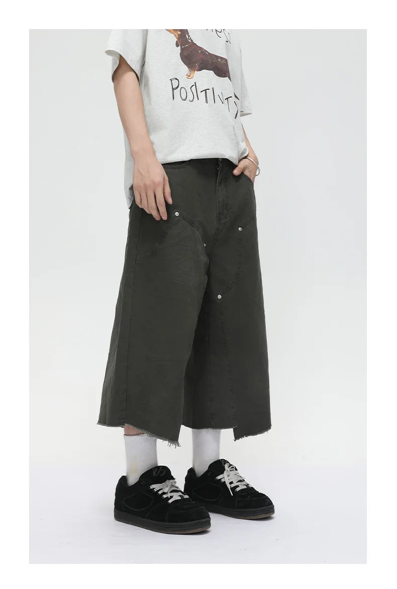 Men's Clothing | Tooling Logging Rough Edge Pure Cotton Loose and Simple Seven-point Denim Casual Pants