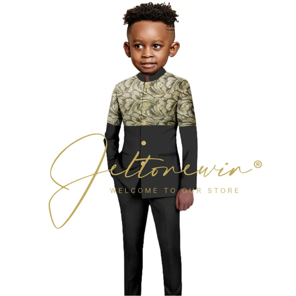 African Style Boys Suit Burgundy Gold Floral Jacket Pants 2 Piece Set Stand Collar Blazer Wedding Tuxedo Kids Formal Party Dress