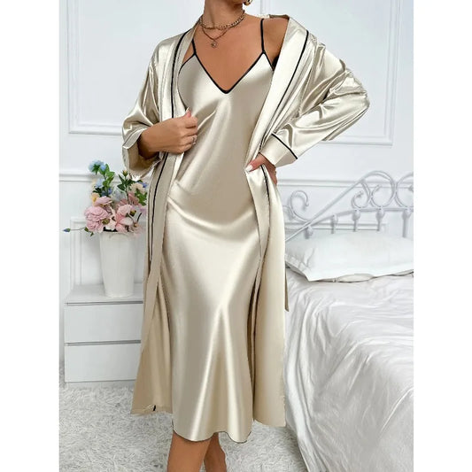 Women's Sexy Fashion 2 Piece Pajama Set  V-Neck Slip Dress with Long Robe Sleepwear